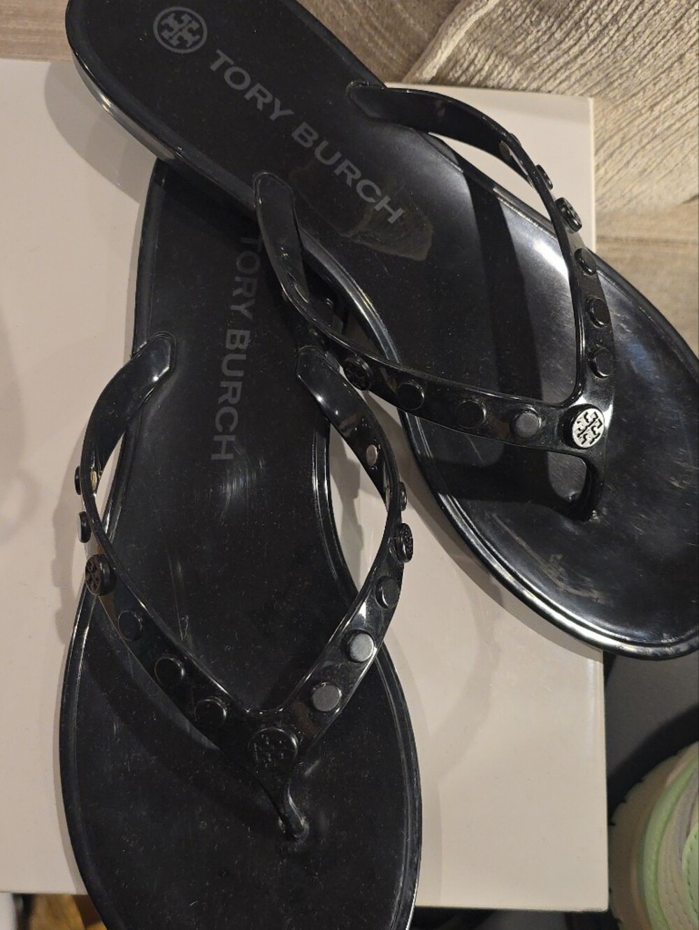 Tory Burch Black Patent Logo Sandals